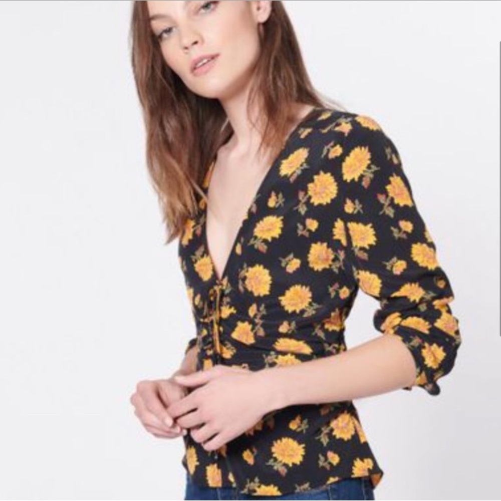 Veronica Beard Maisle Ruched Floral Silk Blouse